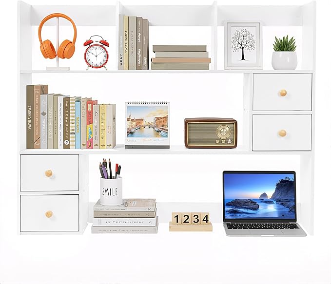 Desk Organizer, Desk Hutch White MDF PVC Veneer Desktop Storage Rack 4 Drawers 39.4×6.7×31.5in Modern Rectangular Office Tabletop Display Shelf