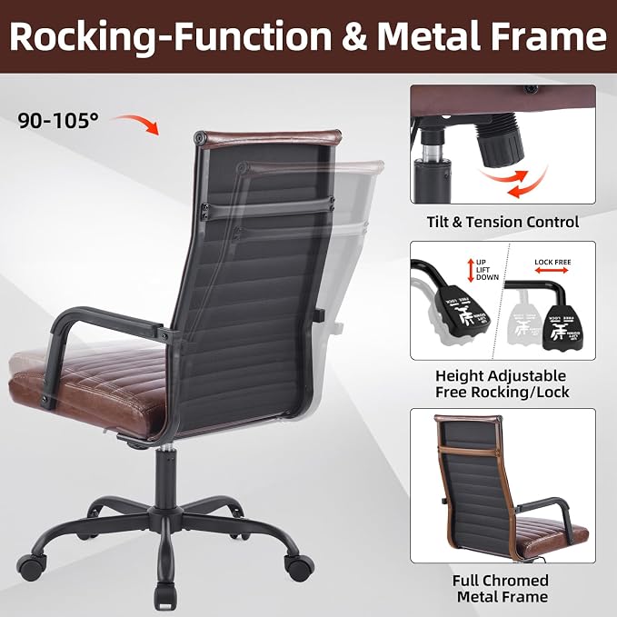 Office Chair, Ergonomic Executive Conference Room Chairs, Ribbed Leather Desk Chair with Lumbar Support, Adjustable Height Mid-Back Swivel Chair with Padded Seat