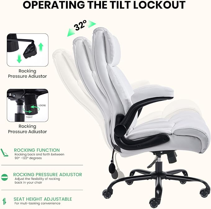 500lbs Big and Tall Office Chair Adjustable Lumbar Support for Back Pain, Extra Wide Seat Executive Office Chair Thick Armrest Pad, Heavy Duty Base&Upgraded Wheels, Ergonomic Comfy Computer Desk Chair