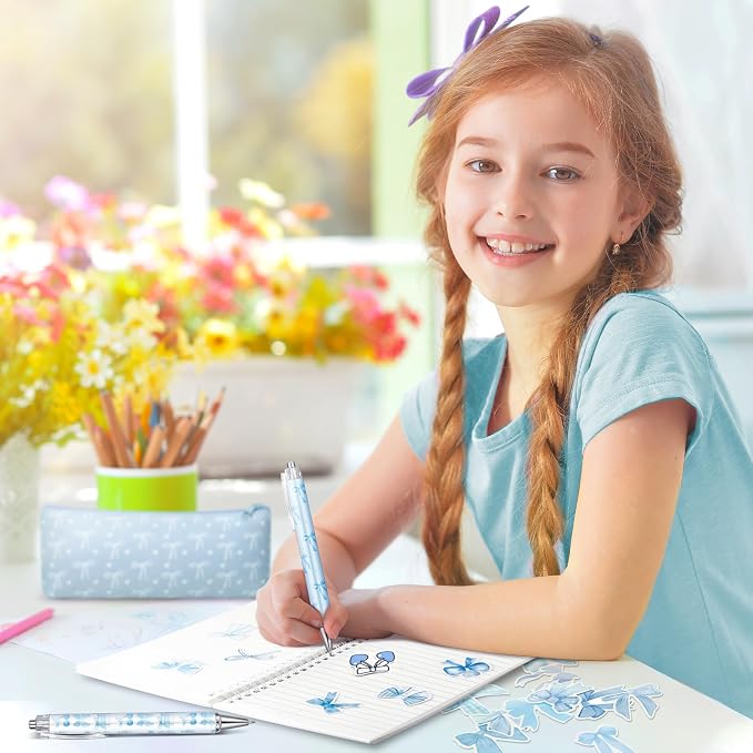Sayglossy Blue Bow Stationery Gift Coquette School Supplies Set Include Pens Aesthetic Journal Notebook Pencil Case and Stickers Preppy Back to School Supplies for Girl Students