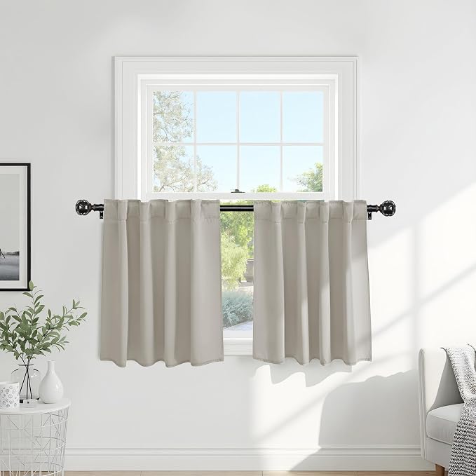 PONY DANCE Blackout Short Cafe Curtains, Privacy Light Block Small Window Curtains for Bedroom Kitchen Basement Dining Classroom, W 34 x L 36 inches, Cream, 2 Panels