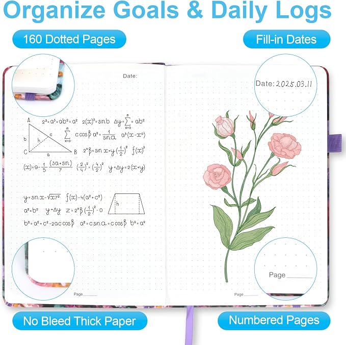 Dotted Journal Notebook A5, Dot Grid Bullet Journal for Women, 160 Pages with 100gsm Thick Paper for Journaling, Planning, Habit Tracking & Notes, Gift for Women, Blossom