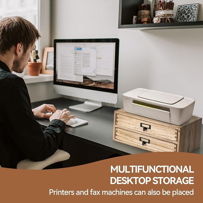 KIRIGEN Solid Wood Desk Organizer with 2 Drawers, Desktop Storage, Brown | 2-Drawer Cabinet for Printer Paper, Mail, Notebooks, and Office Supplies, 13.78 x 10.6 x 5.9 In, Fully Assembled