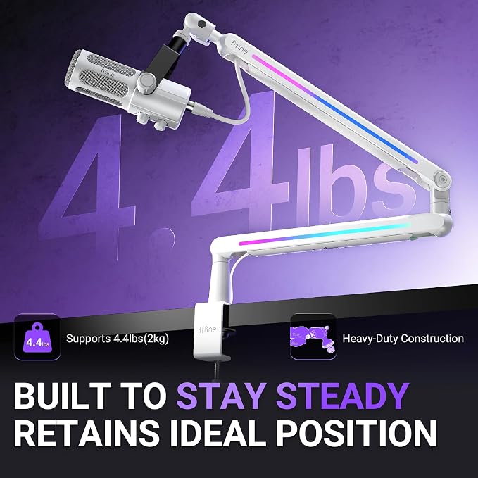 FIFINE RGB Microphone Boom Arm, Low Profile Rotatable Desk Mount Microphone Stand with Cable Management for Podcast, Streaming, Gaming, Studio-BM88ProW