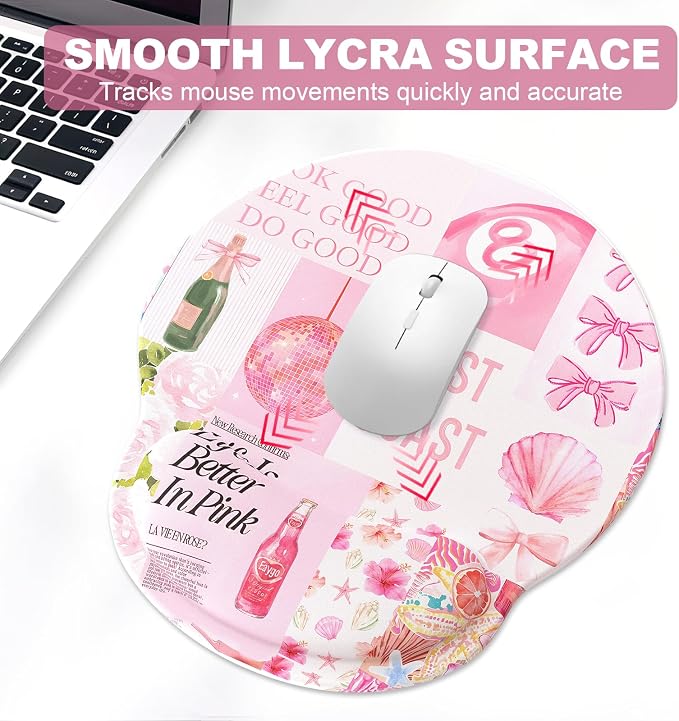 Ergonomic Mouse Pad with Wrist Rest and Keyboard Wrist Rest, Mousepad and Wrist Rest for Computer Keyboard, Pain Relief, Non-Slip Rubber Base, Mouse Pad with Wrist Support for Gaming, Pink Collage