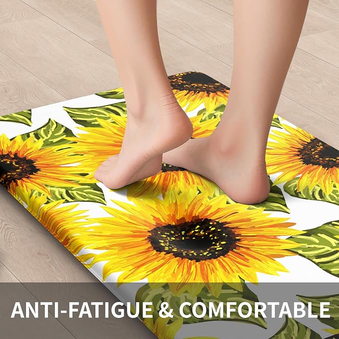 Sunflower Kitchen Decor Mat, Extra Long Anti Fatigue Kitchen Mats | Extra Long Coverage,Bright Sunflower Pattern,Cushioned Comfort,Waterproof Surface,Non-Slip Backing,Easy Clean,Kitchen Island