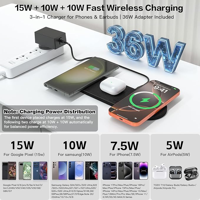 ZealSound 3-in-1 Wireless Charging Pad, Fast Charger Mat with 36W Adapter for iPhone 17/16/15, Samsung Galaxy, Pixel, AirPods & Galaxy Buds, Ultra Slim Case Friendly PU Leather for Home Office Travel