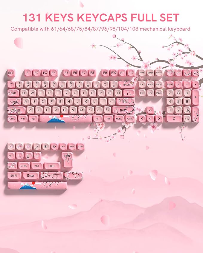 131 Cute Pink Keycaps MOA Cherry Blossom keycap Theme Japanese Keycap Set for Mechanical Keyboard for 61/68/84/87/98/99/100/104/108 Keys,Pink(Only Keycap Set)