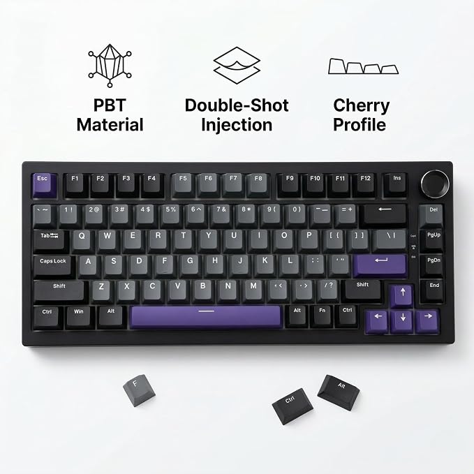 124 Keys Black Grey Purple Keycaps, PBT Double Shot Cherry Profile Keycap Set, Custom Mechanical Keyboard Keycaps for 60% 65% 75% 87% 100% ANSI Layout，Cherry Mx Switches
