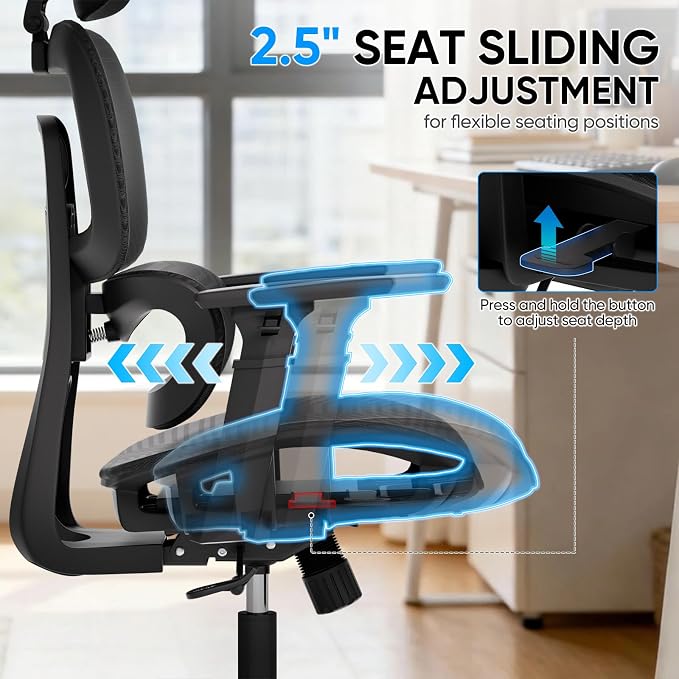 MoNiBloom Ergonomic Office Chair, High Back Mesh Desk Chair for Home, Black | with 3d armrest, high back desk chair, adjustable headrest, lumbar support, recline range from 90 to 145 degrees, L-Shape