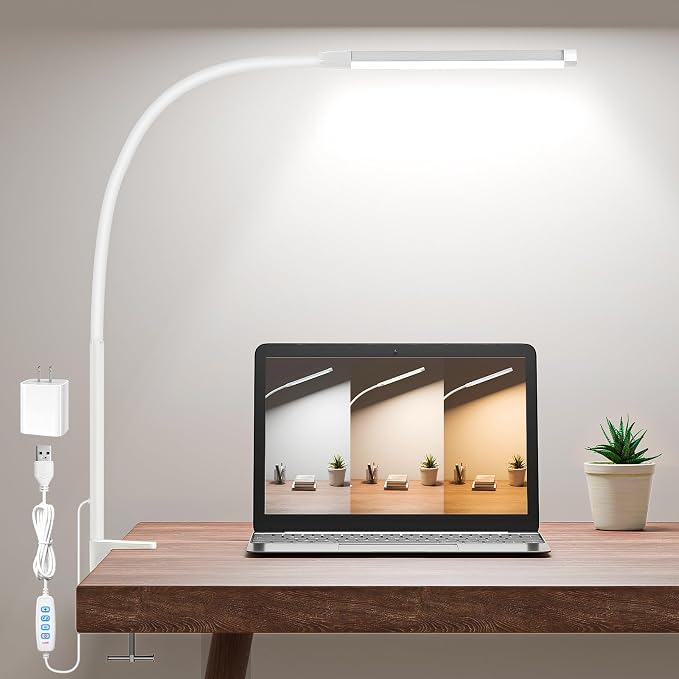 Clamp Lamp for Desk, Eye-Caring LED Clip Light (White) | 27" Tall Flexible Arm, 3 Color Modes 10 Brightness, USB-Powered with 5V/2A Adapter