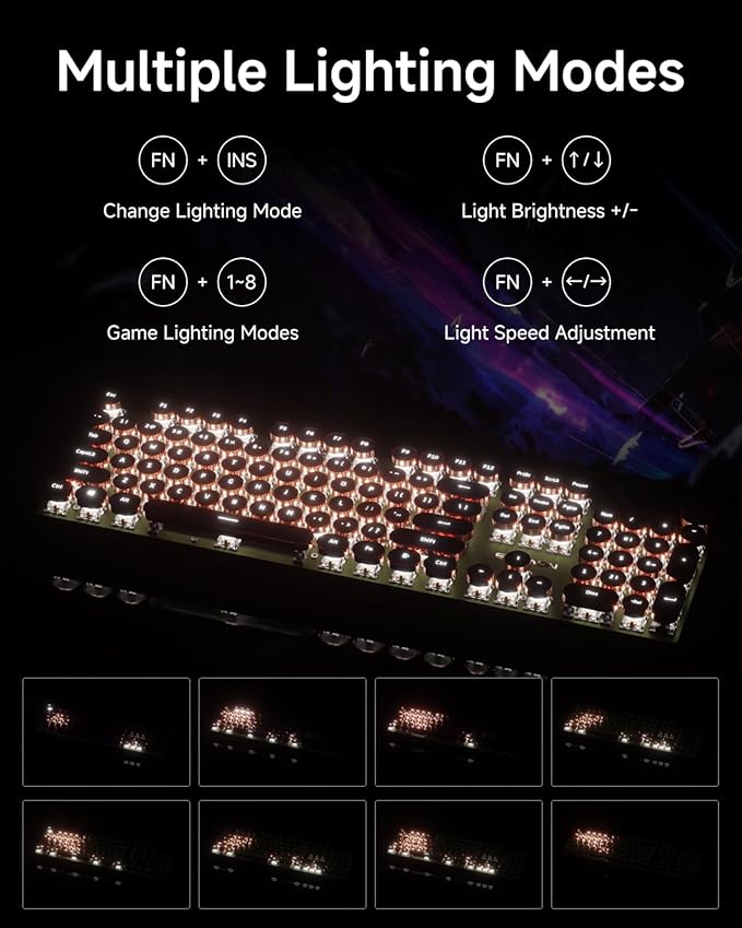 EWEADN Typewriter Style Mechanical Keyboard, Wired Typewriter Keyboards,104 Keys Backlit LED Metal Keyboards, Media Control Knob, Wired Computer Keyboard Pink Switch for Windows/Mac/PC-Green