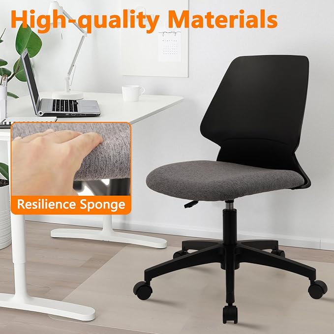 CLATINA Armless Home Office Chair, Ergonomic Small Desk Chair with Wheels and Soft Thick Upholstered Cushion, Comfy Adjustable Height Swivel Computer Task Chair for Conference Waiting, Black, 2Pack