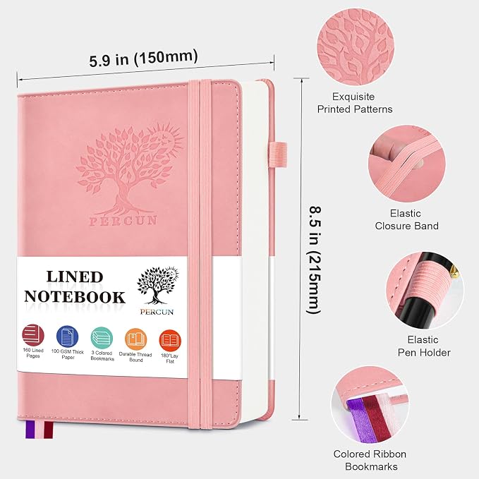 PERCUN Lined Journal Notebook for Men & Women, 160 Pages Leather Journals for Writing, A5 Hardcover Notebooks for Note Taking, Work, School, Business, Travel,Daily Diary 5.9" x 8.5" (Pink)