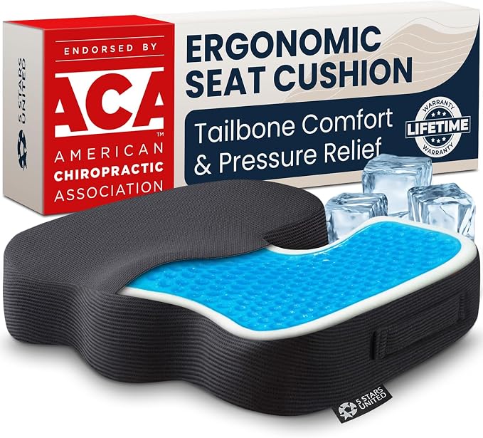 5 STARS UNITED Seat Cushion - Memory Foam & Cooling Gel - Chair Cushion for Tailbone Pain Relief - Ergonomic Support for Coccyx, Sciatica & Butt - Office, Desk & Gaming Chair, Car, Wheelchair, Black