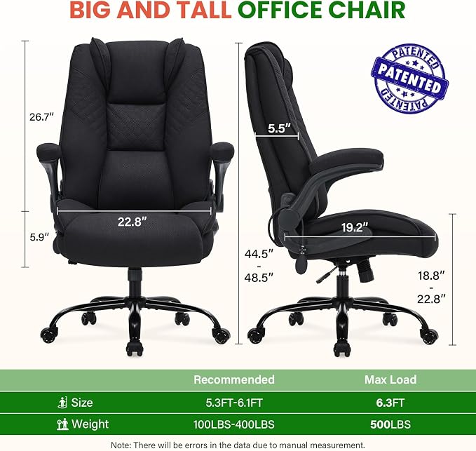 CIOMAN 500lbs Big and Tall Office Chair with Inflatable Lumbar Support, Rubber Wheels Executive Chair with Rocking Function, High Back Wide Cushion Ergonomic Desk Chair for All-Day Sitting,Matte Black
