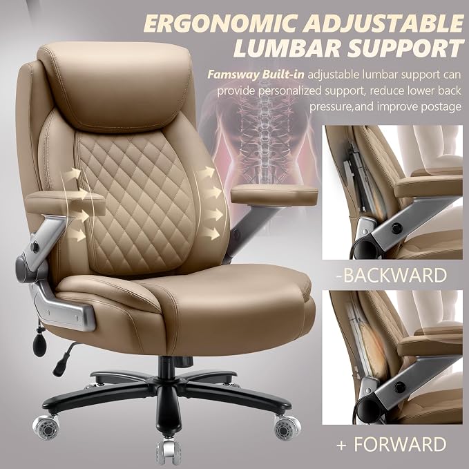 650LBS Big and Tall Office Chair with 5D Flip Arms and Thick Pocket Spring Cushion, Extra Wide Heavy Duty Office Chair & Adjustable Lumbar Support, Large High Back Computer Chair Dual Rubber Wheel