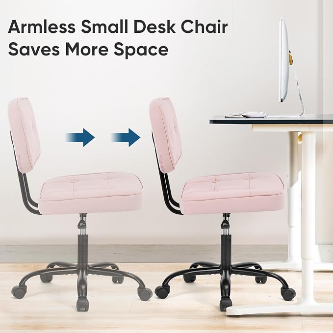 DUMOS Armless Office Desk Chair, Small Vanity Chair with Lumbar Support | PU Leather, 360° Rolling Swivel, Height Adjustable, Fit Computer Task, Bedroom Living Room, Pink
