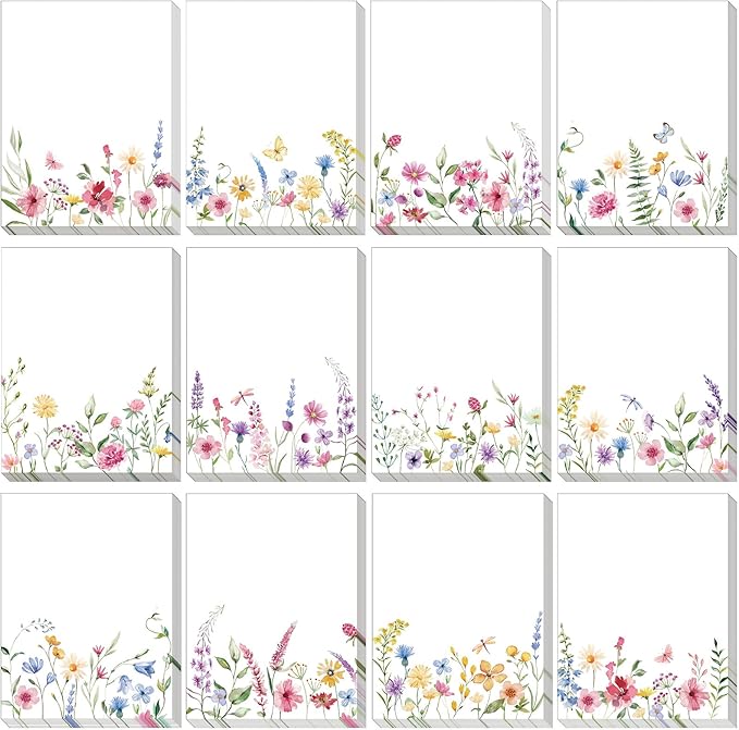 12 Pads Wildflower Sticky Notes Flower Sticky Notes 3 x 4 Inches Floral Notepad Cute Summer Adhesive Memo Reminder Floral Memo Pads Flower Notepads for Women Journal Office Spring Gifts