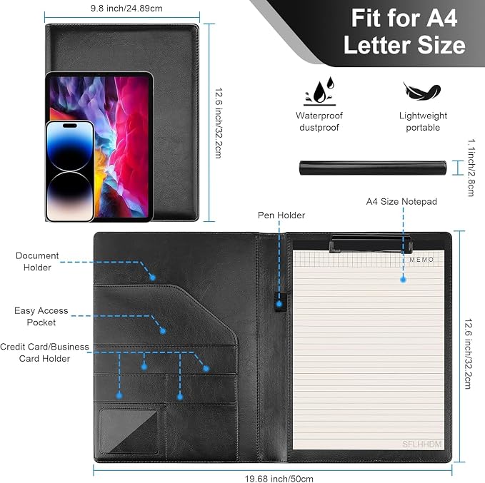 Padfolio Clipboard Folder Portfolio, Faux Leather Storage Clipboard with Cover for Legal Pad Holder Letter Size A4 Writing Pad for Business School Office Conference Notepad Clip Boards