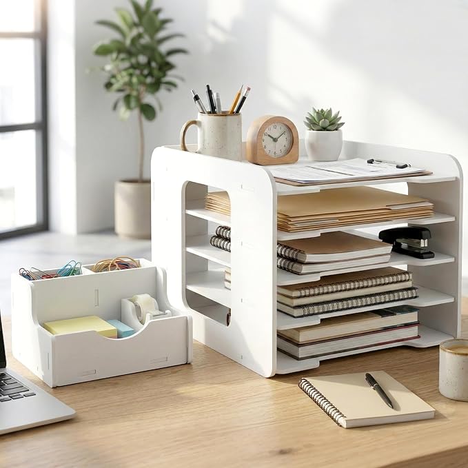 Desk Organizer, 5-Tier File Organizer for Desk, Letter Tray Paper, Desktop Document Sorter for Letter, File Folder Holder with Pen Holder for Office, Home or School- White MLT001W5