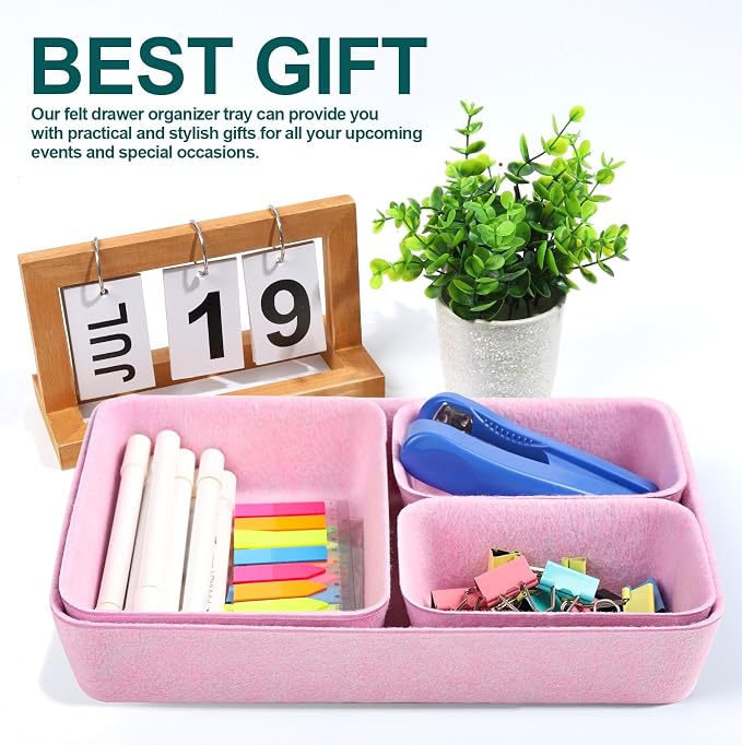 Desk Drawer Organizer | 7 Pack Felt Drawer Organizer Shallow Drawer Organizers Felt Storage Bins,Desk organizer trays (Pink)