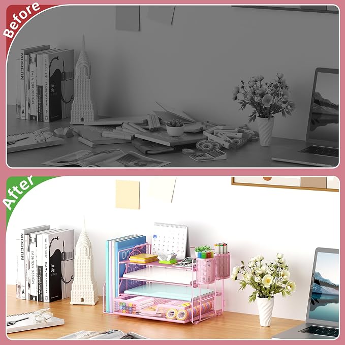Marbrasse 4-Tier Paper Tray Organizer with Drawer and Pen Holder, Pink | Metal Mesh Desk Organizer, Built-in Drawer & 2 Pen Slots, fits letters/Files, for School Home Office Supplies