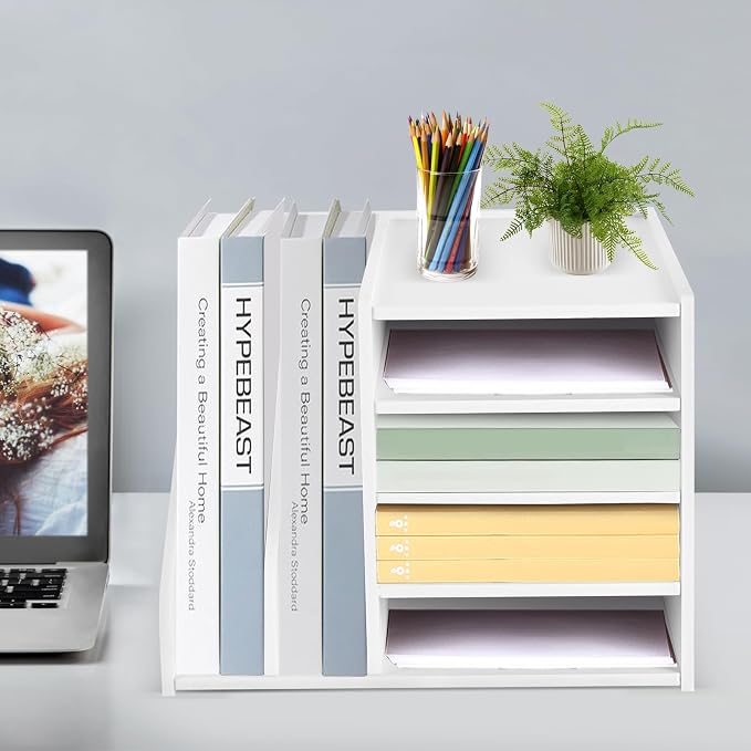 Desk Organizers and Accessories, File Organizer for Desk, 5-Tier Paper Letter Tray with File Holder, Desktop Organizer for Office Supplies, Office Desk Accessories (White)