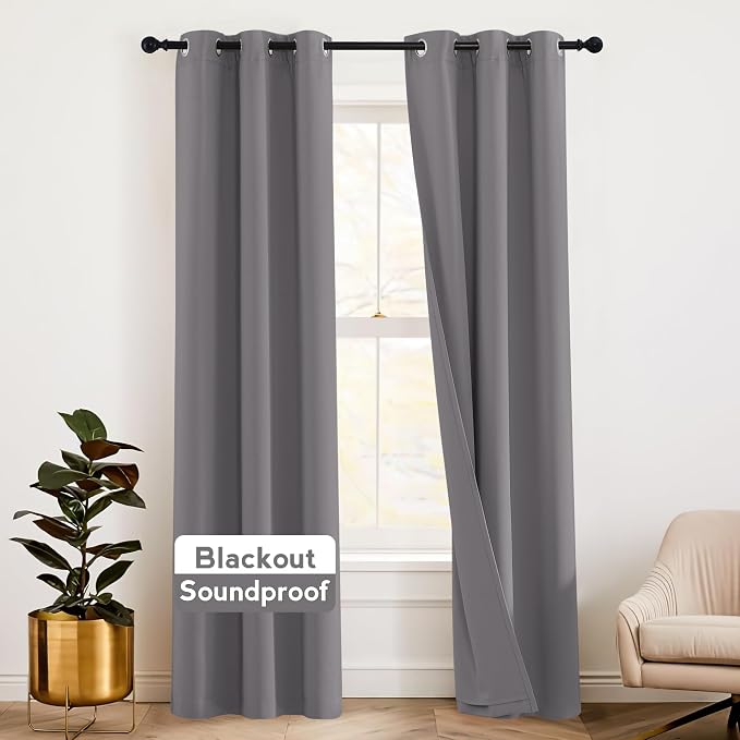 RYB HOME Soundproof Curtains 84 inches - 3 Layers Blackout Curtains Noise Reducing Thermal Insulted Drapes for Bedroom Living Room Playroom, W 42 x L 84 inch, Grey, 1 Pair