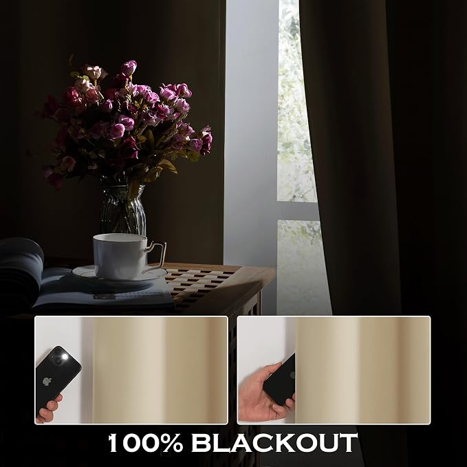 KGORGE Anti Dust Soundproof 100% Blackout Curtains 4 Layers Heavy Duty Energy Efficiency Window Curtains for Living Room Baby Bedroom Home Office Studio, Wide 52 x Long 95 inches, Beige, 2 Panels