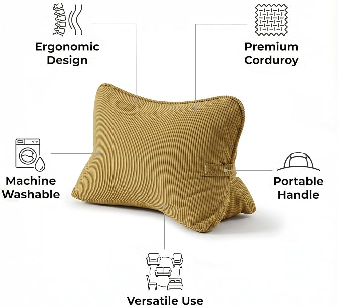 Pat. Pend. Corduroy Lumbar Support Back Pillow for Reading & Lounging, Ergonomic Triangle Cushion for Sofa, Armchair & Bed Sitting, Removable Washable Cover, Mustard Yellow