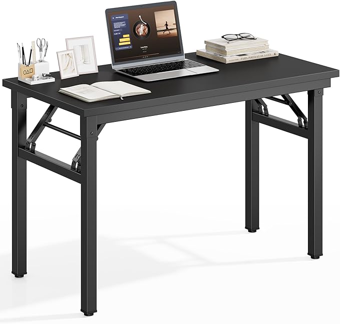 DlandHome Folding Desk for Small Spaces, 35.8'' Computer Desk Folding Table, Foldable Office Desk Computer Table Writing Workstation for Home Office, Study, Bedroom, No Assembly Required, Black&Black