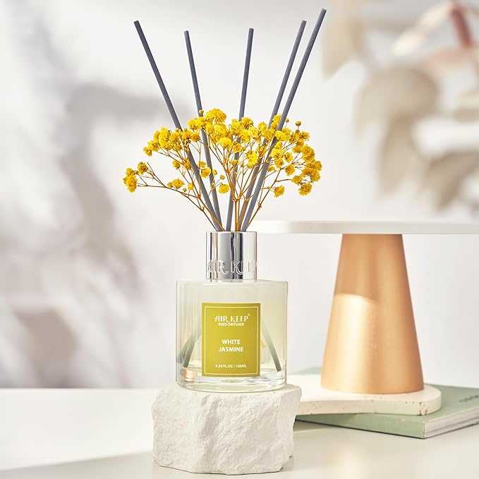 Airkeep Reed Diffuser Set,3.38 fl oz (100 ml) - White Jasmine Oil Diffusers with 8 Reed Sticks, Home Fragrance Reed Diffuser for Bathroom Shelf Decor