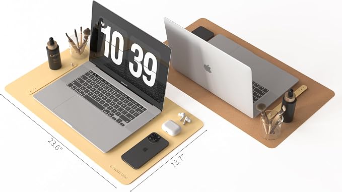 RENMTURE Desk Pad, Cork & PU Leather Desk Mat, Large Mouse pad, Non-Slip Desk Protector and Blotter, Waterproof Writing Pad, Desk Accessories and Organizers for Work (Light Yellow, 23.6" x 13.7")
