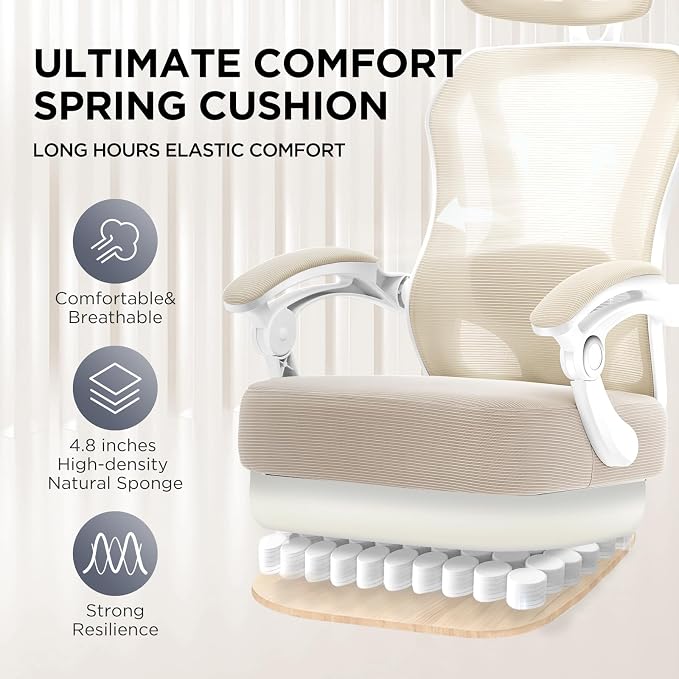Ergonomic Office Chair with Footrest,Ultra Thick Desk Chair,Cream | 150°Reclining,Mesh High Back,Adjustable 2D Lumbar Support and Headrest,4.8" Spring Cushion,Premium Computer Chair for Adults