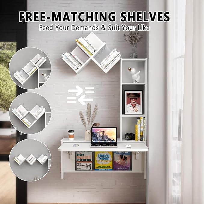 Folding Wall Mounted Drop Leaf Table, Foldable Desk with Moveable Cabinets, Floating Laptop with Convertible Storage Shelves, Multifunctional Computer Workstation in Home for Space Saving