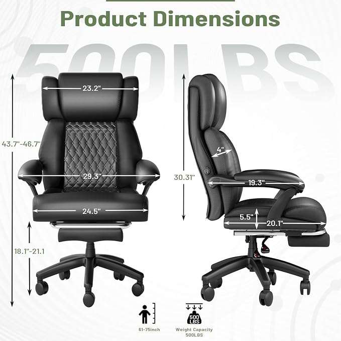 HOMREST 500lbs Big and Tall Office Chair, Ergonomic Heavy Duty Chair with Adjustable Lumbar Support & Backrest, Executive Leather Office Chair with Wide Armrests and Wheels (Black)