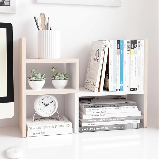 Jerry & Maggie Desktop Organizer Office Storage Rack Adjustable Wood Display Shelf, White, 5 Units, 16"L x 15.8"H x 6.8"W | Wooden Desk Organizer, Cute Dorm & Cubicle Decor. Stores Makeup & Mini Plants, Space-Saving Storage for Small College Rooms