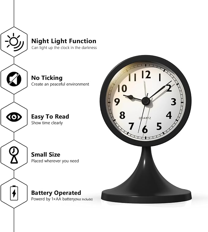AYRELY® 3" Analog Alarm Clock, Retro Small Clock, Desk Clock for Bathroom | Cute Battery Operated Table Clock with Silent Movement and Light for Bedroom, Bedside, Living Room Decor and Shelf (Black)