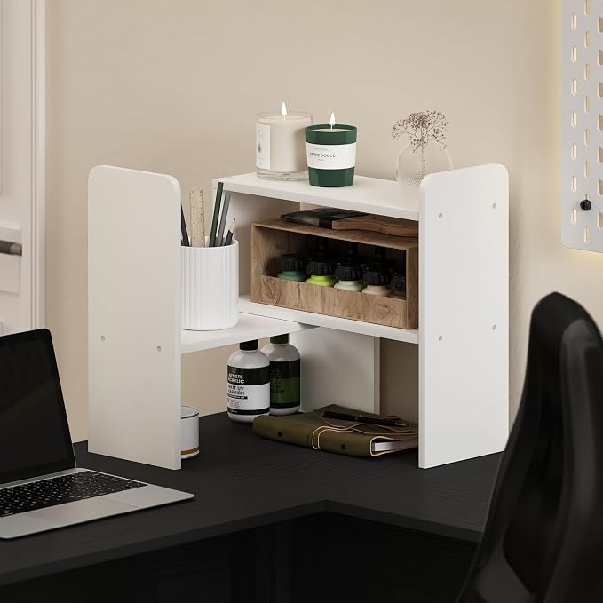 Furinno Classic Geometric Desk Organizers and Accessories, Plain White | Desk Top Book Shelf, for Office Supplies, Organization, Desk Accessories