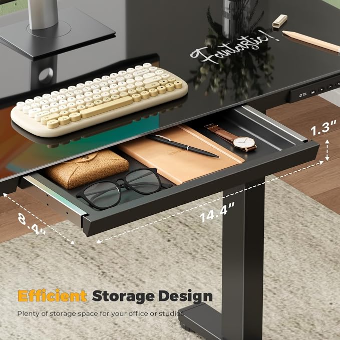 Glass Electric Standing Desk with Drawer, 35" x 20" Whole Piece Tabletop Samll Sit Stand Table, Height Adjustable Workstation with Storage & USB Ports, Quick Install Home Office Desk