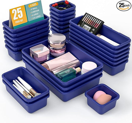 25 PCS Drawer Organizer Set, 4 Size Makeup Drawer Divider Organizer With Non-Slip Pads, Interlocking Plastic Storage Bins for Office,Jewelry Vanity,Gadgets, Bathroom,Kitchen, Navy