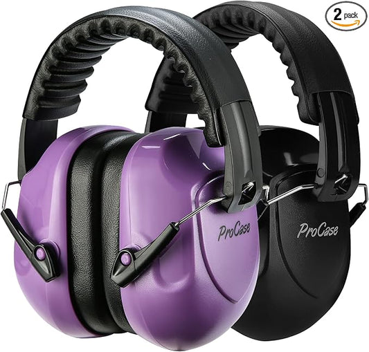 ProCase NRR 28dB Noise Reduction Ear Muffs, Foldable Adjustable Passive Noise Cancelling Headphones for Adults Kids Autism, Hearing Protection for Shooting, Construction-2 Packs, Purple&Black