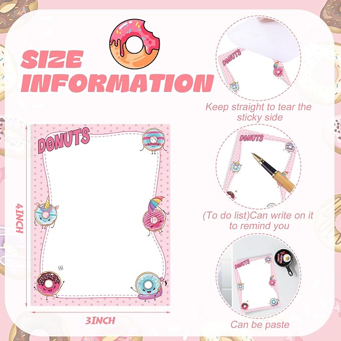 12 Pieces Cute Sticky Notes Gifts Donuts Sticky Notes Donut Party Favors 3x4 Inch Fun Kawaii Adhesive Notepads Cartoon Memo to Do List for Birthday Return Gifts Reward Office Home Supplies