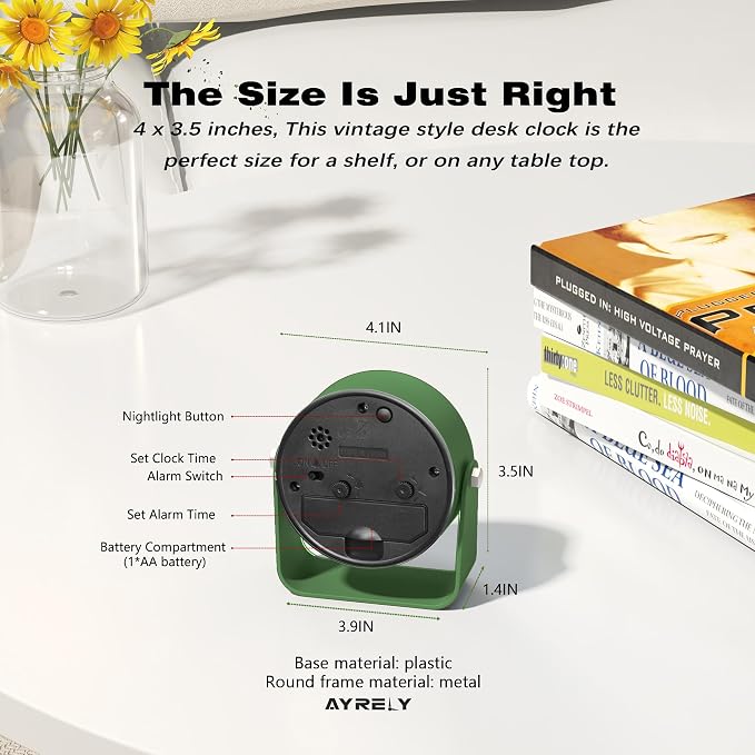 AYRELY® 3.5" Small Analog Travel Alarm Clock, Battery Operated Desk Clock | Cute Table Clock with Light, Adjustable Angle, Bedside, Bedrooms, Kids' Rooms and Living Room Decor (Dark Green)