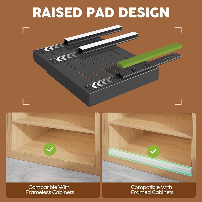 Seinloes 4Pack Expandable Pull Out Cabinet Organizer 21"Deep With Raising Pad for Framed Cabinets,Slide Out Drawers with 4pcs Divider Racks,Roll Out Shelves Adhesive,Adjustable Width 12.05"-20.4"Black