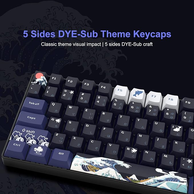 XVX PBT Keycaps 132 Keys, Great Wave Off Kanagawa Japanese Keyboard Keycaps, 5 Side DYE-Sub Custom Keycap Set, Cherry Profile Keycap for Cherry Gateron MX Switches Mechanical Keyboard