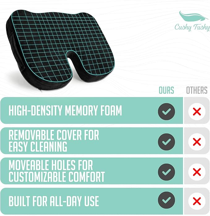 Cushy Tushy Premium Seat Cushion with Moveable Holes, Customizable Foam – Relief for Lower Back, Sciatic, & Tailbone Pain – Perfect for Driving, Home & Office – Black Fabric Cover