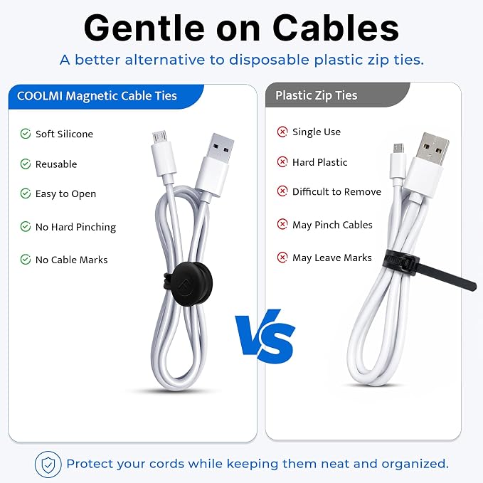 COOLMI Magnetic Cable Ties 12 Pack, 6.88 Inch Reusable Silicone Cord Organizer Wraps, Magnetic Cable Straps for Charging Cords, USB Cables, Earbuds, Travel, Black & Assorted