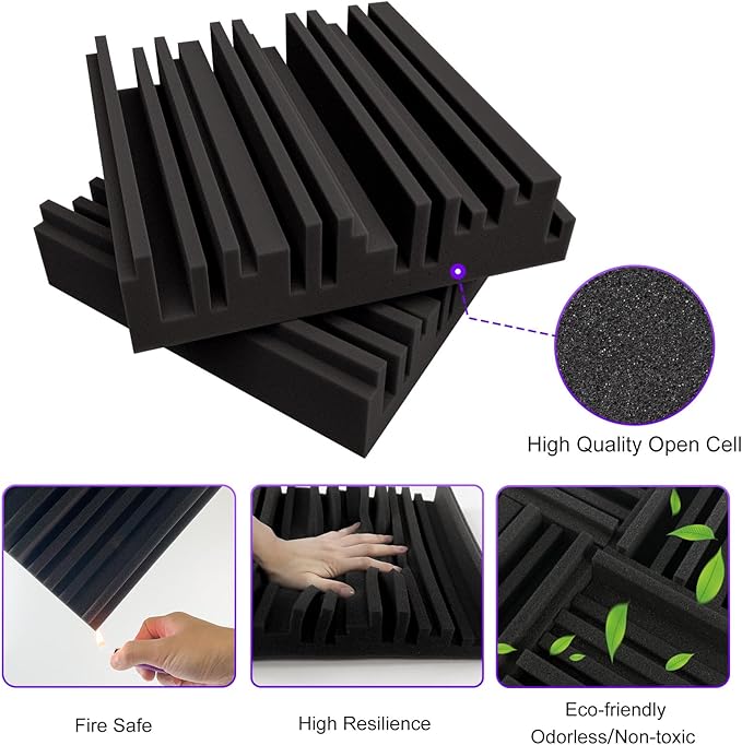 TroyStudio Thick Acoustic Foam Panels, 12 X 12 X 2 Inch 18 Pcs Broadband Sound Absorbing Foam, Dense Soundproof Padding Tile, Recording Studio Foam Absorber, Groove Decorative 3D Wall Ceiling Panel